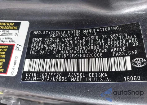 2014 Toyota Camry Se из США, поврежденный, VIN 4T1BF1FK7EU326086